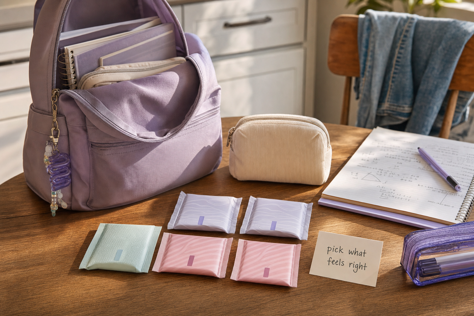 A backpack, notebook, small pouch and wrapped period products arranged on a table with a card that says pick what feels right.